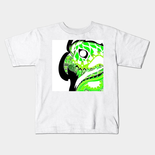 green jade parrot ecopop guacamaya bird in mexican pattern art Kids T-Shirt by jorge_lebeau